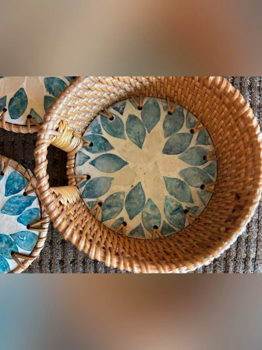 handwoven rattan coaster set of 6  mother-of-pearl floral mosaic inlay